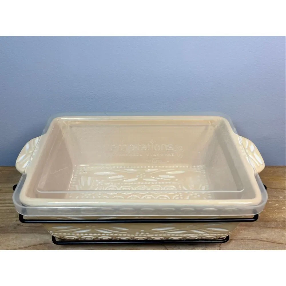 Temp-tations Carved Old World ceramic baking dish with metal serving rack and li